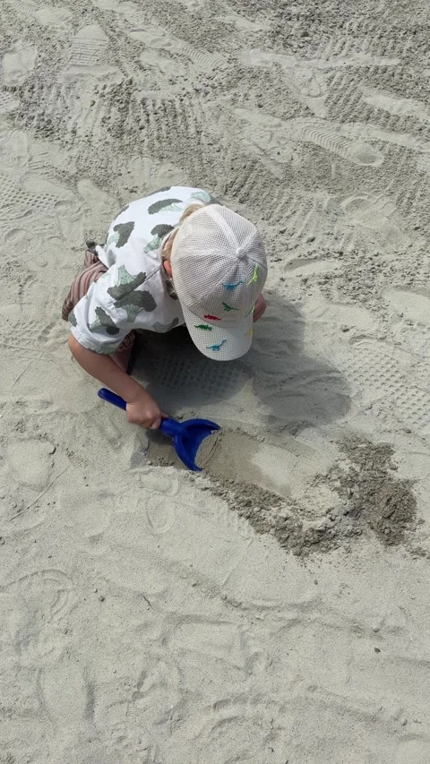 Toddler digging sand with blue shovel on beach from above Stock Footage 340072011