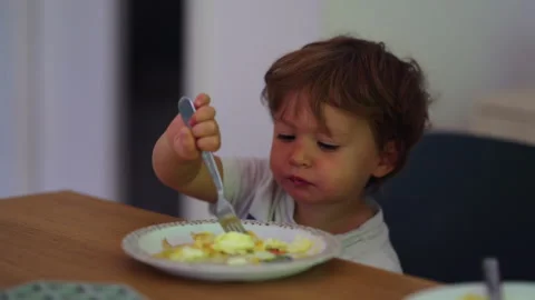 Toddler eating scrambled eggs independently at family breakfast table, usin.. Stock Footage 340429826