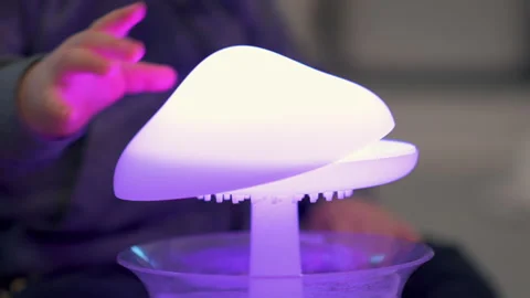 Toddler Hands Trying To Assemble Glowing Mushroom Night Lamp In Dark Room Stock Footage 330192744