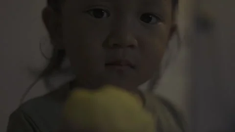 Toddler Holds Peeled Apple Ready To Bite 01 Stock Footage 328564652