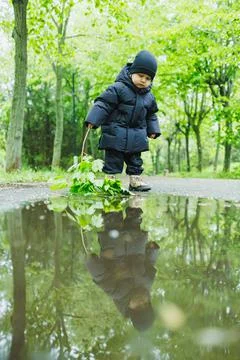 Toddler peering into large puddle reflection, water mirror showing soft silho Stock Photos