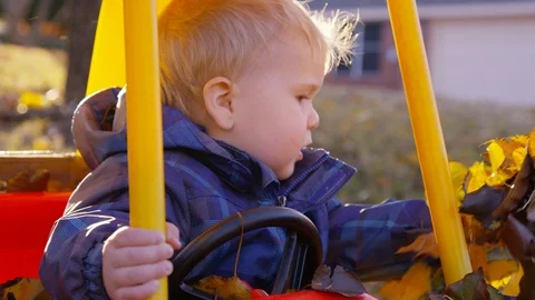 Toddler picks up a pile of leaves while leaves fall around him in a toy car Видео 93960929