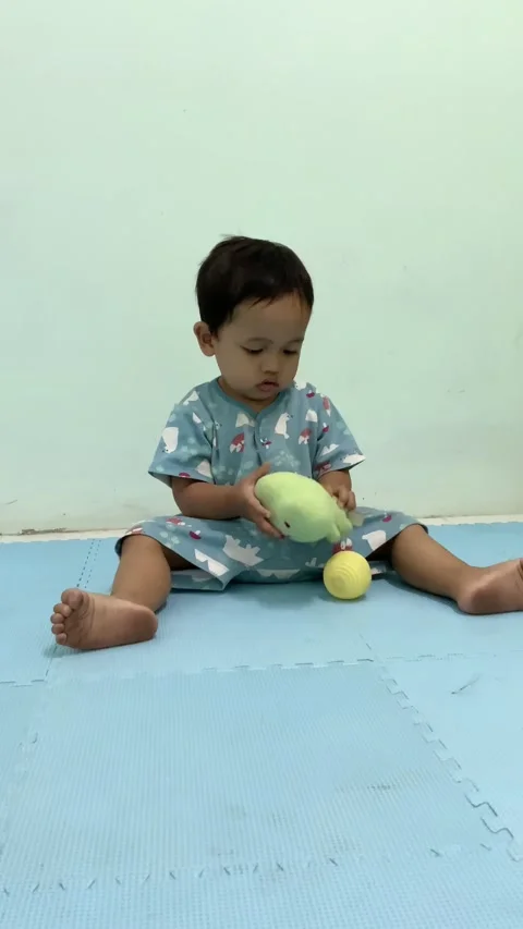 Toddler Sitting and Playing with Soft Toys on a Play Mat Stock Footage 341914247