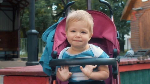 Toddler sitting in a stroller and talking Stock-Footage 112379616