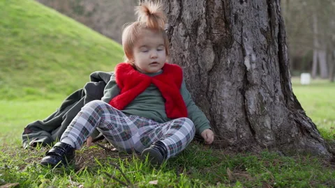 Toddler Sitting by Tree Trunk in Park Serbia Stock Footage 331125831