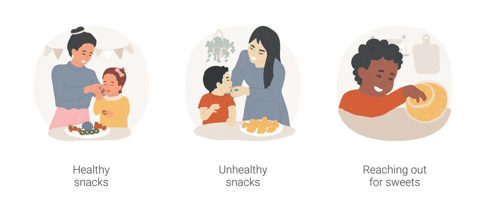 Toddler snacking isolated cartoon vector illustration set. Stock Illustration
