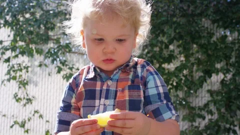 Toddler stands and bites into a lemon slice as he walks away 스톡 동영상 94645461