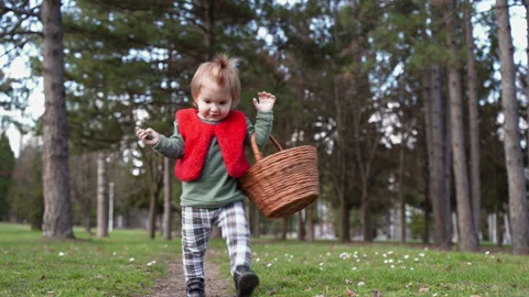 Toddler Walking on Park Path with Wicker Basket in Serbia Stock Footage 331025606