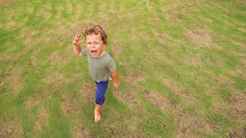 Toddler walks on grass in park, throwing tantrum, parent perspective Stock Footage 280374319