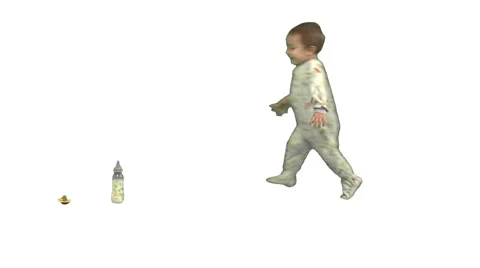 Toddler walks onscreen from right and sits next to his bottle. White background. Video stock 49864497