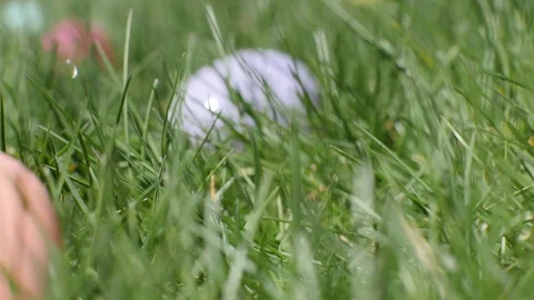 Toddler's Hand Picks Up Orange Easter Egg From Grass Stockbeeldmateriaal 77522313