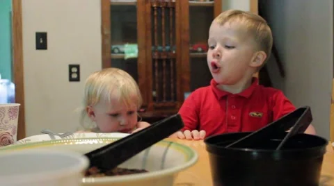 Toddlers howling at dinner table Stock Footage 40029073