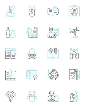 Toddlers linear icons set. urious, energetic, playful, independent, imaginative Stock Illustration