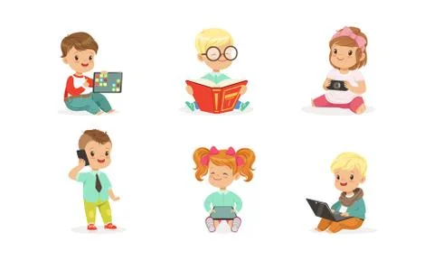 Toddlers use gadgets. Vector illustration on a white background. Stock Illustration
