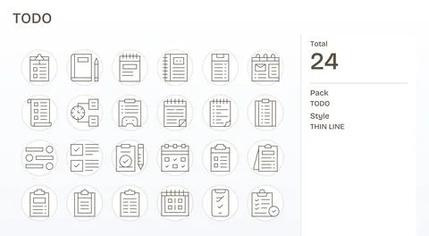 ToDo Design Vector Icons featuring 24 Display Perfect Thin Line Style Stock Illustration
