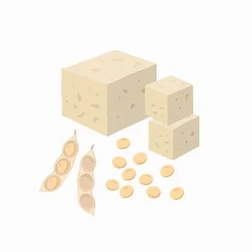 Tofu and soy bean pod with soy seeds isolated on white background. Vector Stock Illustration