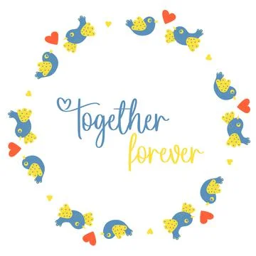 Together forever. Round frame with couple of birds in love with heart. Postcard  Ilustração Stock
