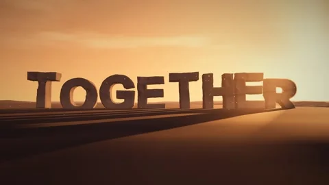 Together Giant Eroded Stone Letters Standing in a Desert at Sunset with Video stock 342222273