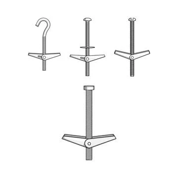 Toggle bolts with different fasteners and anchors for construction Stock Illustration