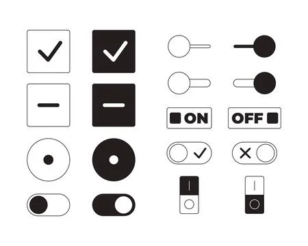 Toggle switch and selection control modern black and white UI element set Illustrazione stock