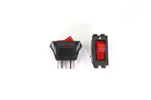 Toggle switch Black switches with backlight, on/off - position isolated on wh Stock Photos