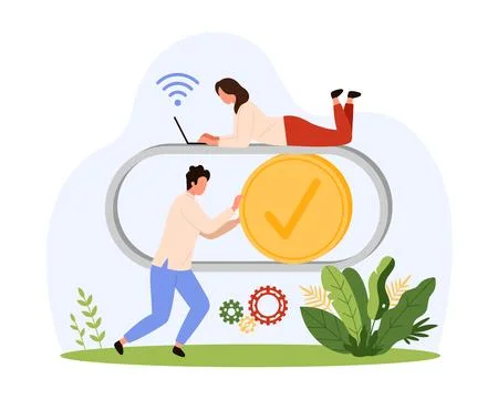 On Off toggle switch interface button of mobile app, tiny people move slider Illustrazione stock