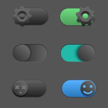 Toggle switch set, On and Off sliders, vector elements for your design on dark Illustrazione stock