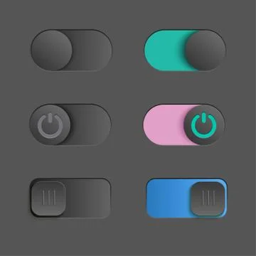 Toggle switch set, On and Off sliders, vector elements for your design on dark Stock Illustration