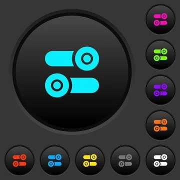 Toggle switches dark push buttons with color icons Stock Illustration