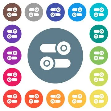 Toggle switches flat white icons on round color backgrounds Illustrazione stock
