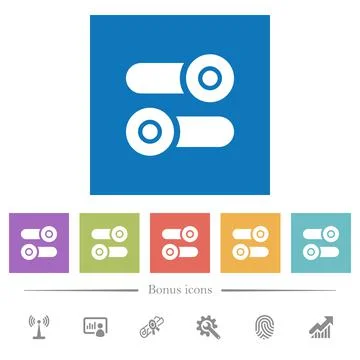 Toggle switches flat white icons in square backgrounds Stock Illustration