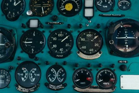Toggle switches old soviet helicopter mi2 many text on Russian language which Fotos Stock