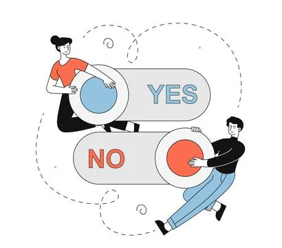Toggle yes and no. Man and woman near agree and refuse buttons. UI and UX design Illustrazione stock