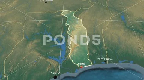 Togo extruded and capital labelled. Relief Stock Photos