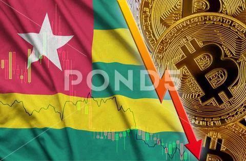 Togo flag and cryptocurrency falling trend with many golden bitcoins Stock Photos