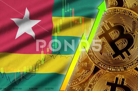 Togo flag and cryptocurrency growing trend with many golden bitcoins Stock Photos