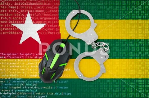 Togo flag and handcuffed computer mouse. Combating computer crime, hackers a Stock Photos