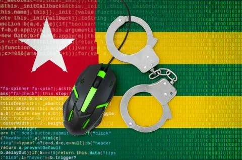 Togo flag  and handcuffed computer mouse. Combating computer crime, hackers a Stock-Fotos