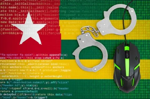 Togo flag  and handcuffed computer mouse. Combating computer crime, hackers a Stock-Fotos