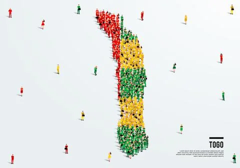 Togo Map and Flag. A large group of people in the Togo flag color. Stock Illustration