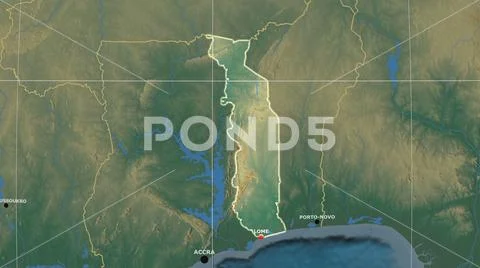 Togo outlined and capital labelled. Relief Stock Photos