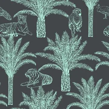 Toile de jouy seamless pattern with palms, tiger and peacock. Vector monoch.. Stock Illustration