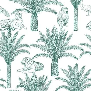 Toile de jouy seamless pattern with palms, tiger and peacock. Vector monoch.. Stock Illustration