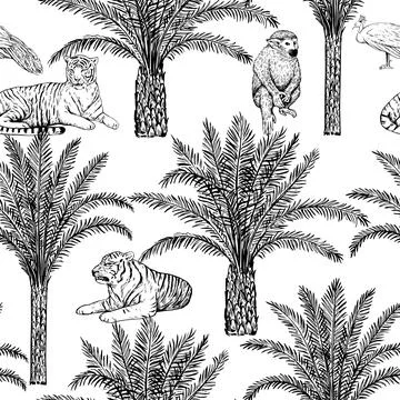 Toile de jouy seamless pattern with palms, tiger and peacock. Vector monoch.. Stock Illustration
