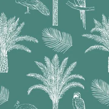 Toile de jouy seamless pattern with palms, tiger and peacock. Vector monoch.. Stock Illustration