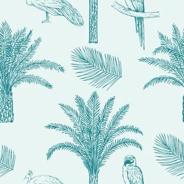 Toile de jouy seamless pattern with palms, tiger and peacock. Vector monoch.. Stock Illustration