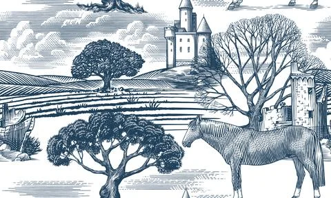 Toile de Jouy seamless pattern with a horse and Castles in ruins with old Illustration