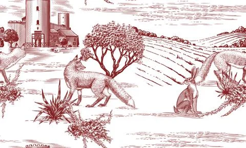 Toile de Jouy seamless pattern with forest animals and Castles. Fox, hares and 스톡 일러스트
