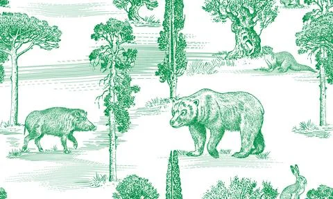 Toile de Jouy seamless pattern with forest animals and Castles. Bear and wild Stock Illustration