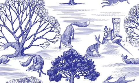 Toile de Jouy seamless pattern with forest animals and Castles. Fox, hares and 스톡 일러스트